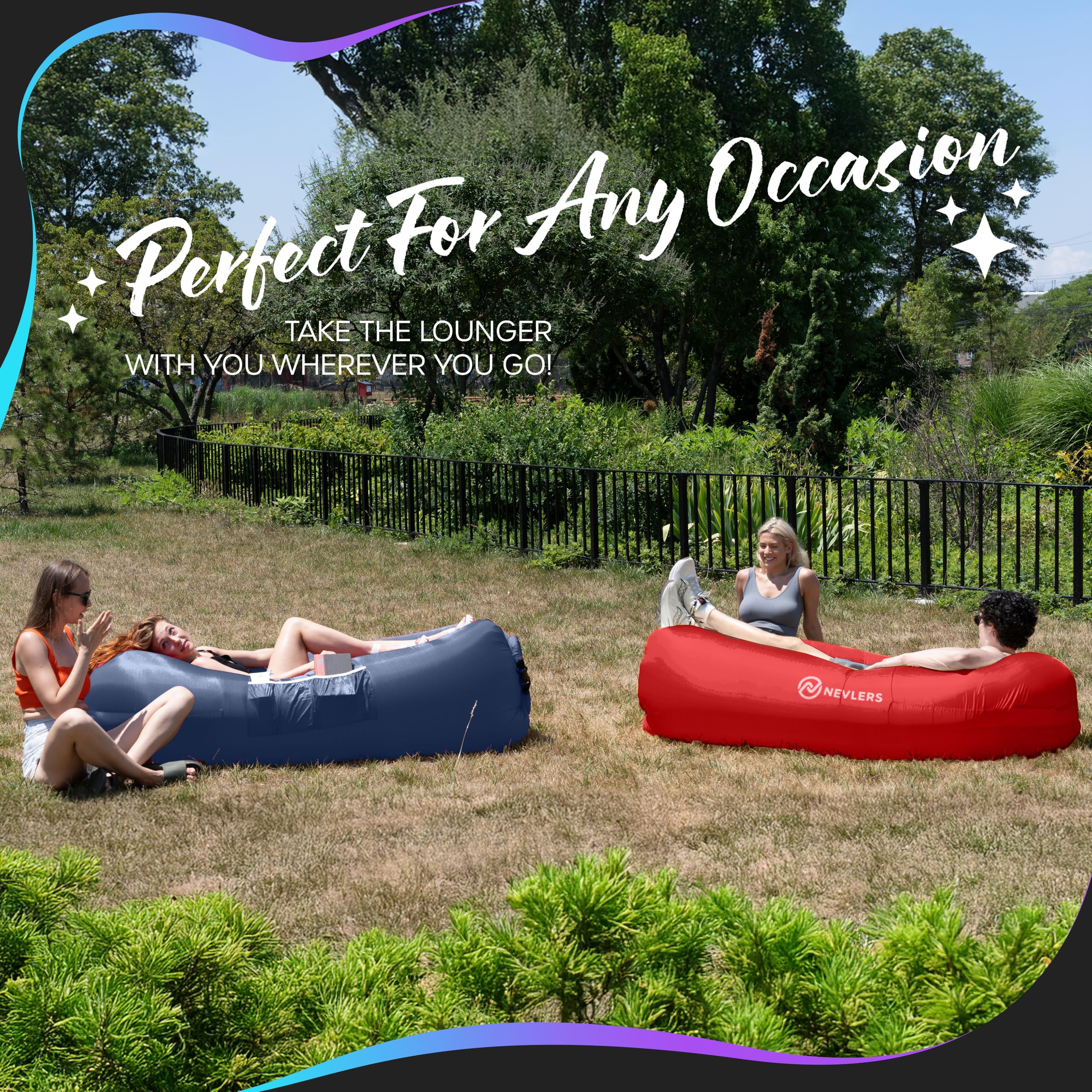 Nevlers navy and red inflatable lounger at a festival with a compact bag.