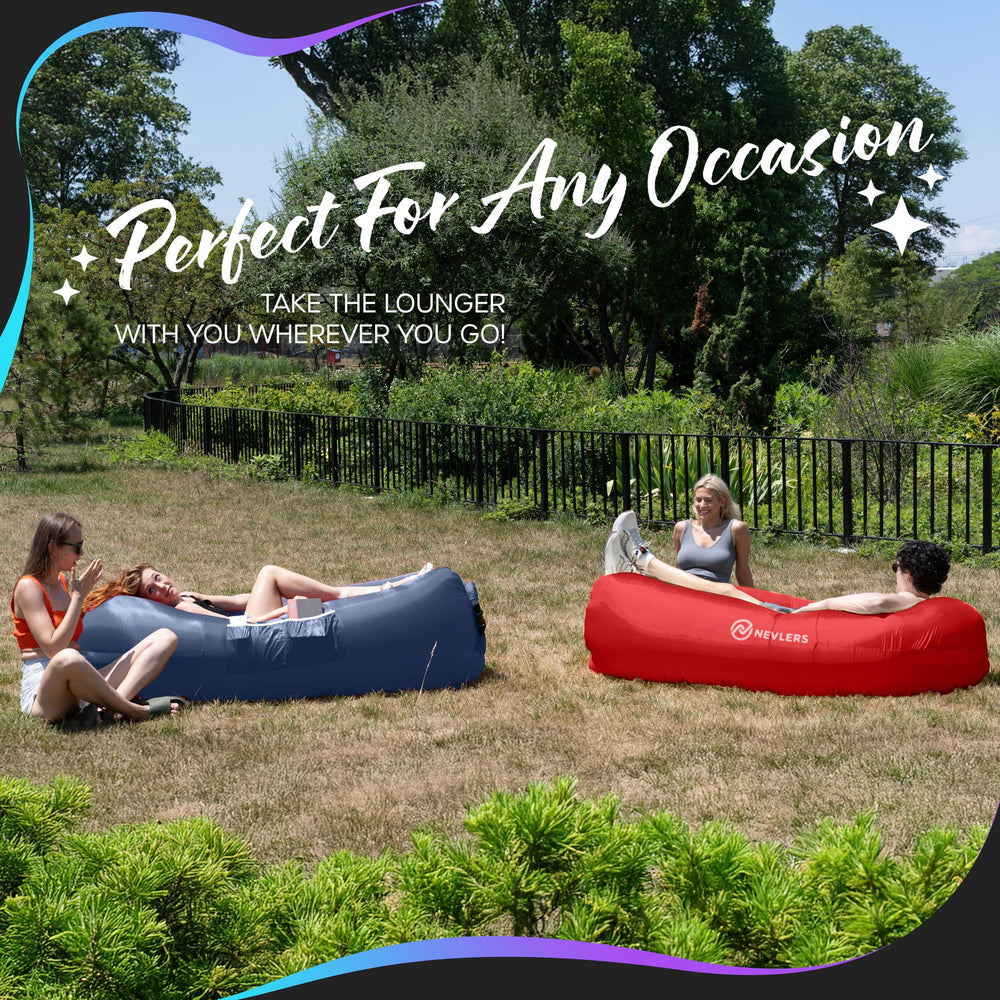Nevlers navy and red inflatable lounger at a festival with a compact bag.