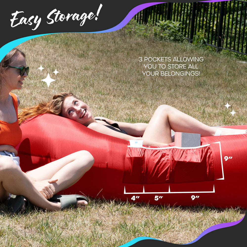 Nevlers navy and red inflatable lounger folds into a compact bag for easy carry.