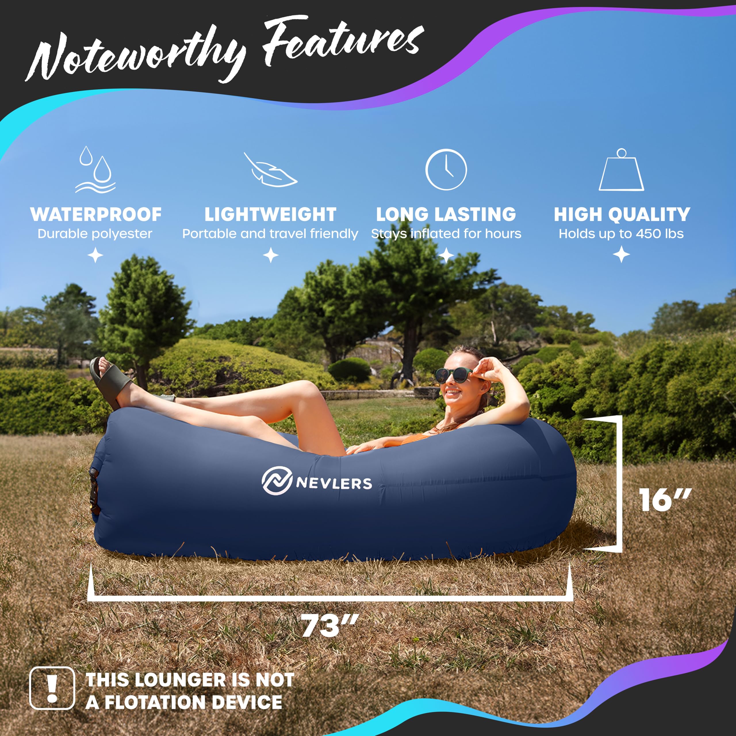 Nevlers navy and red inflatable lounger wind setup in action for quick outdoor seating.