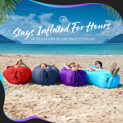 Nevlers navy and red inflatable lounger with pockets, secure storage for essentials.