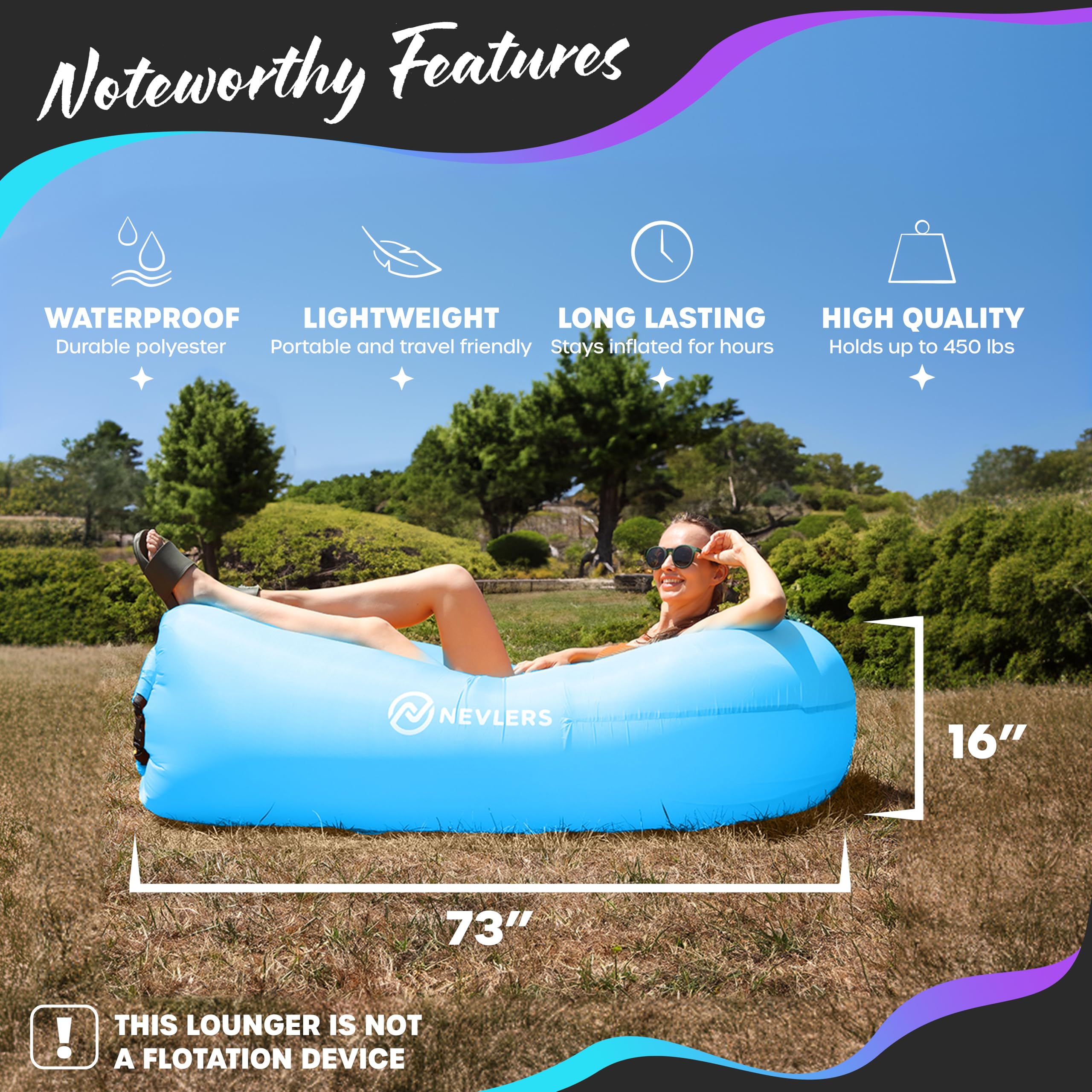 Nevlers no-pump air couch for quick, breeze-assisted beach setup.