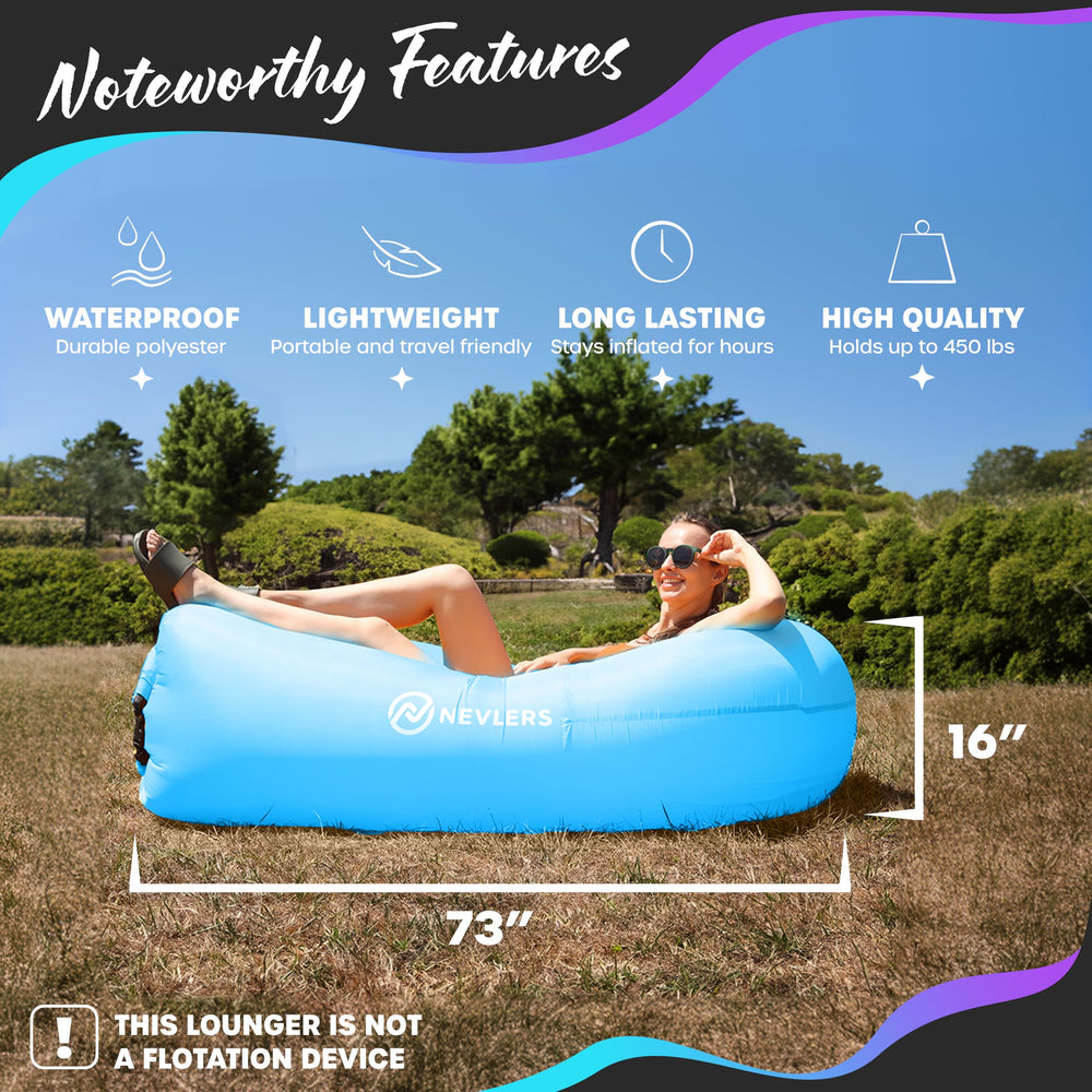 Nevlers no-pump air couch for quick, breeze-assisted beach setup.