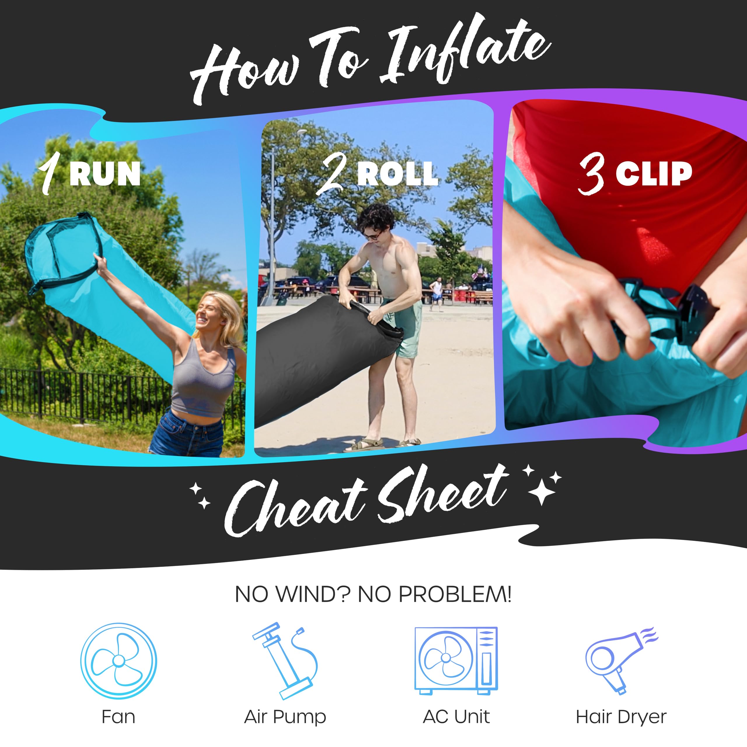 Wind setup with roll-and-clip demonstrates fast inflation for Nevlers lounger.