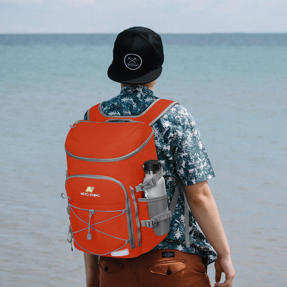 NEVO RHINO backpack cooler worn with strap for hands-free use.