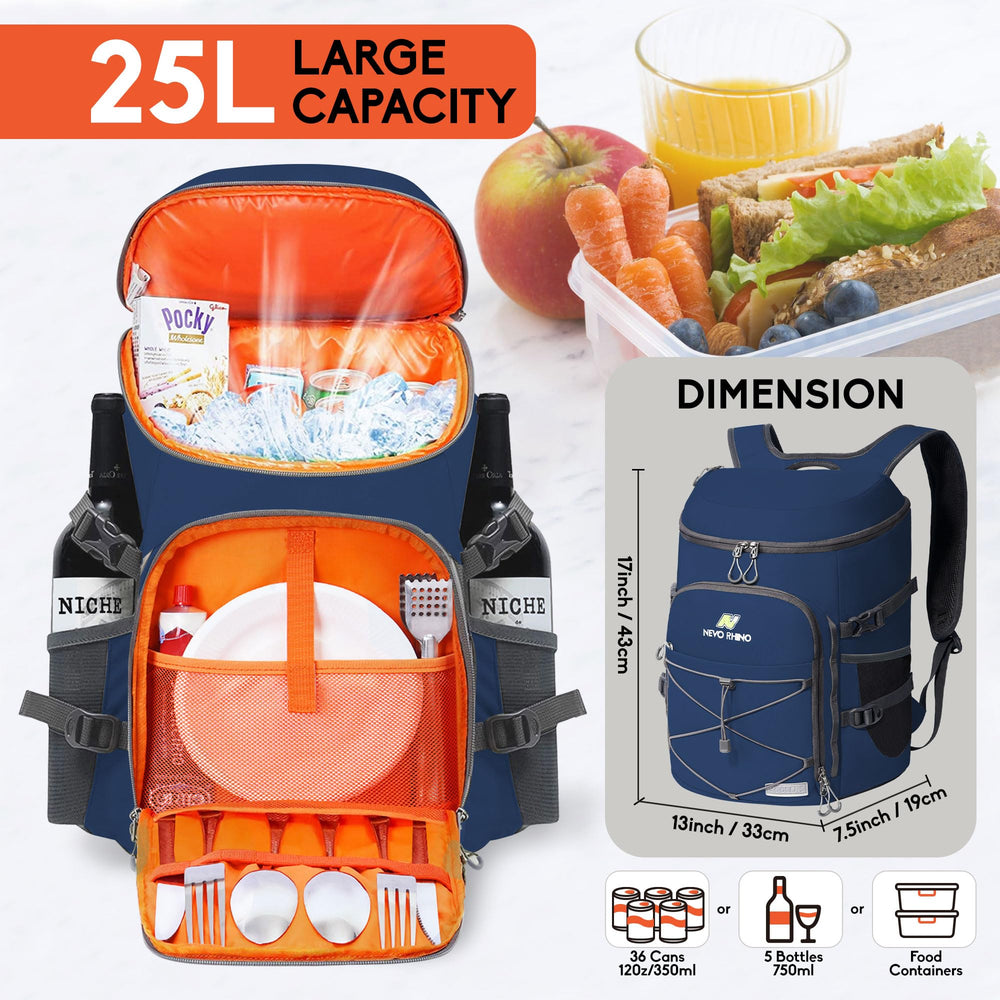 Nevo Rhino backpack cooler opened interior showcases 36-can capacity.