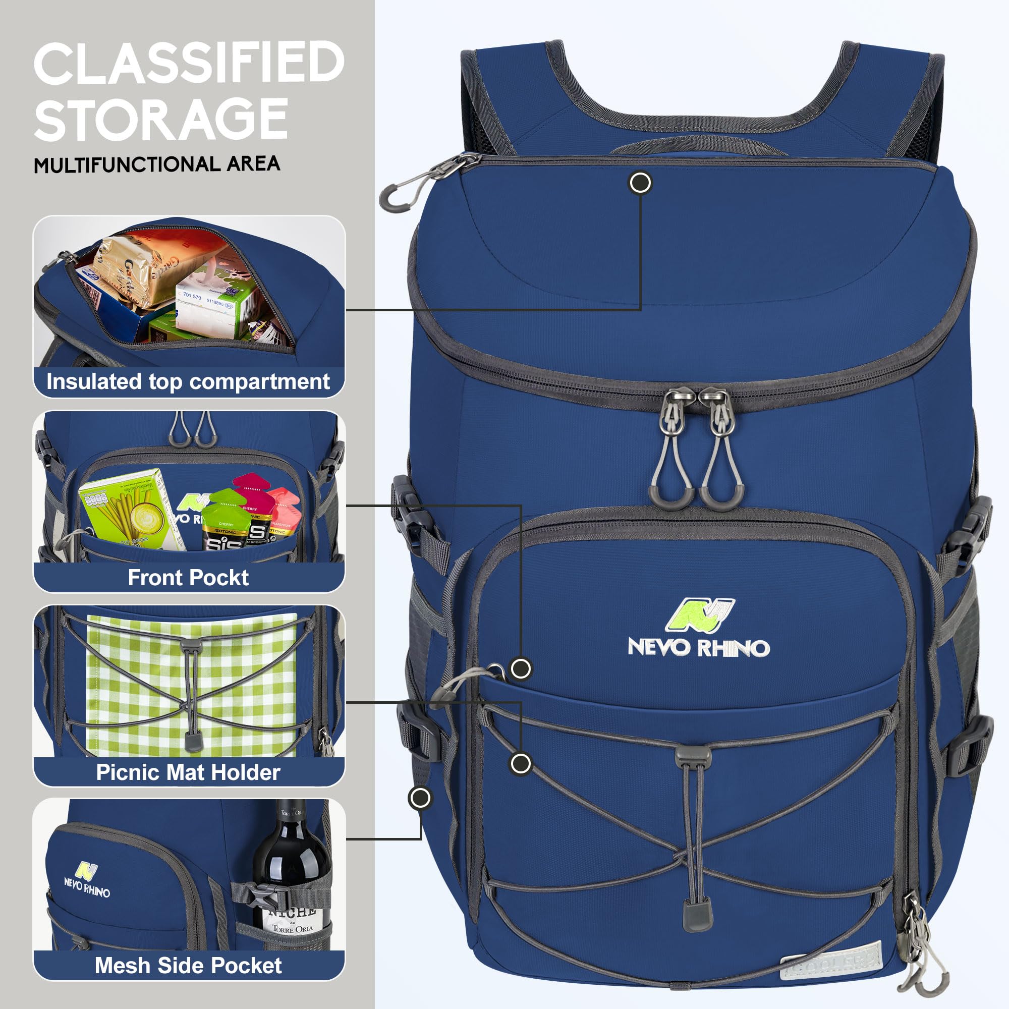 Nevo Rhino backpack cooler pocket layout highlights multiple storage options.