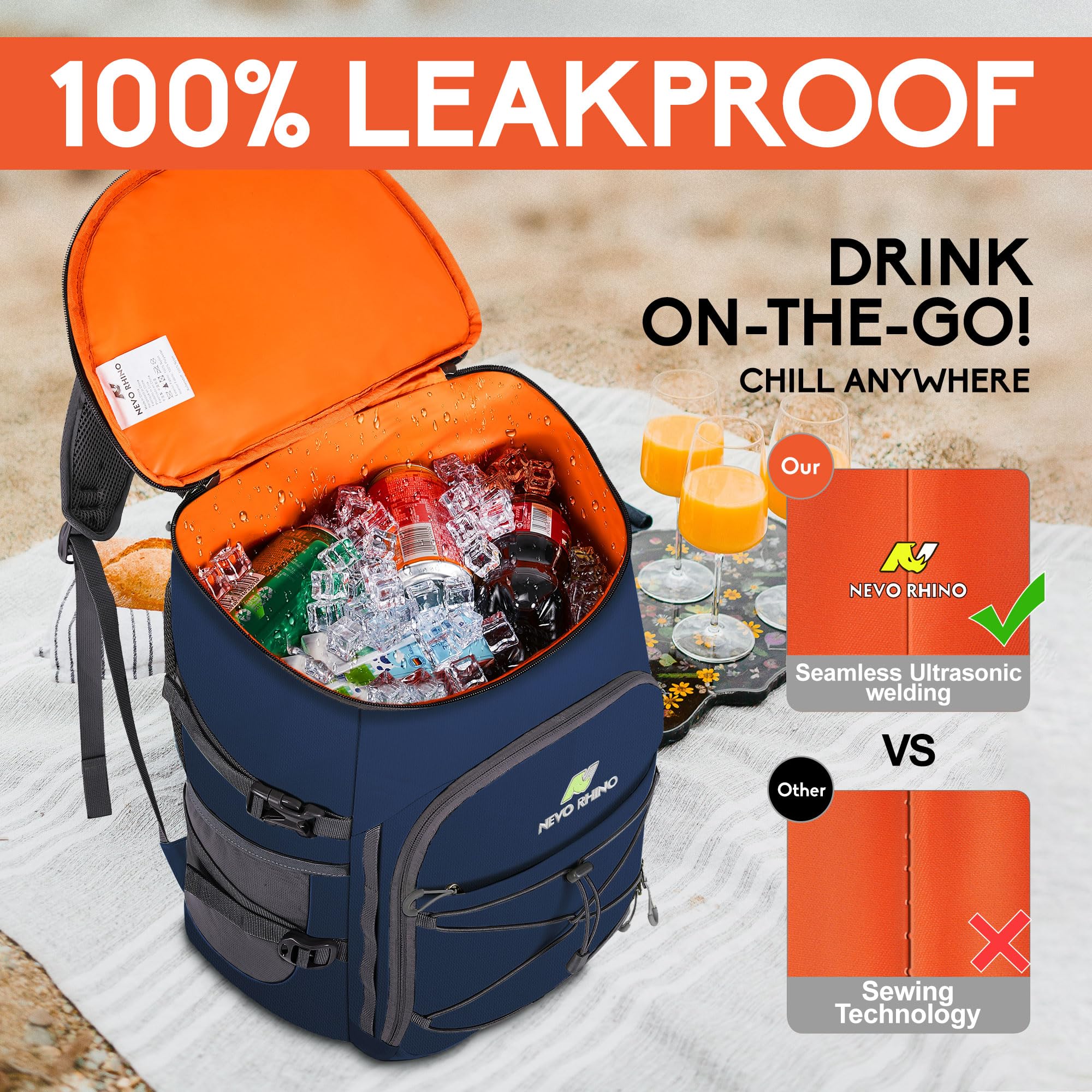 Nevo Rhino backpack cooler top view reveals seal and access options.