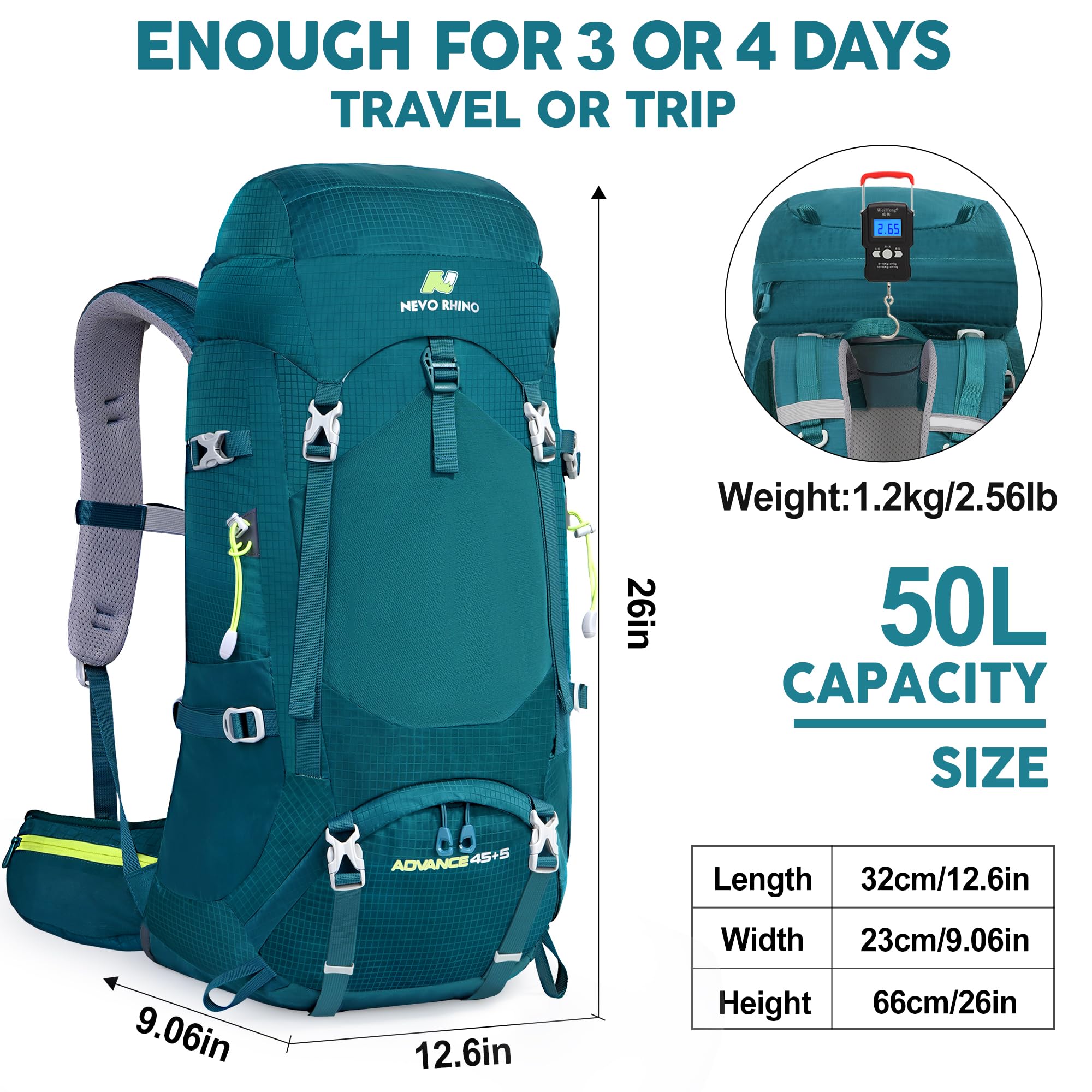 N NEVO RHINO breathable back panel reduces fatigue on extended hikes.