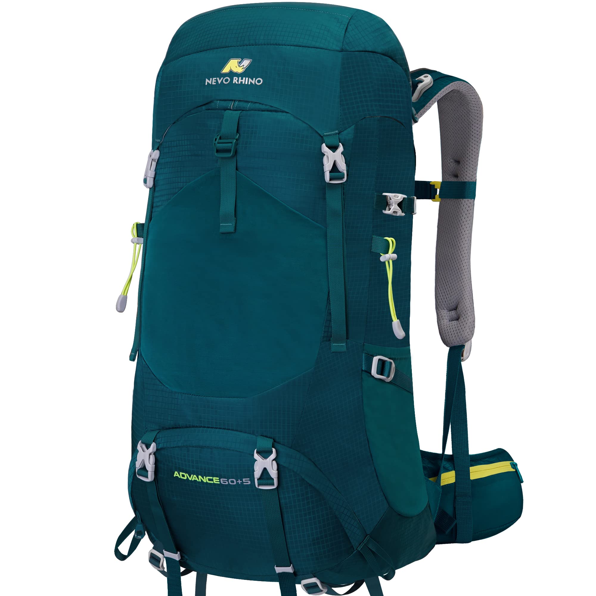 N NEVO RHINO internal-frame backpack front view showing 60L capacity for multi-day treks