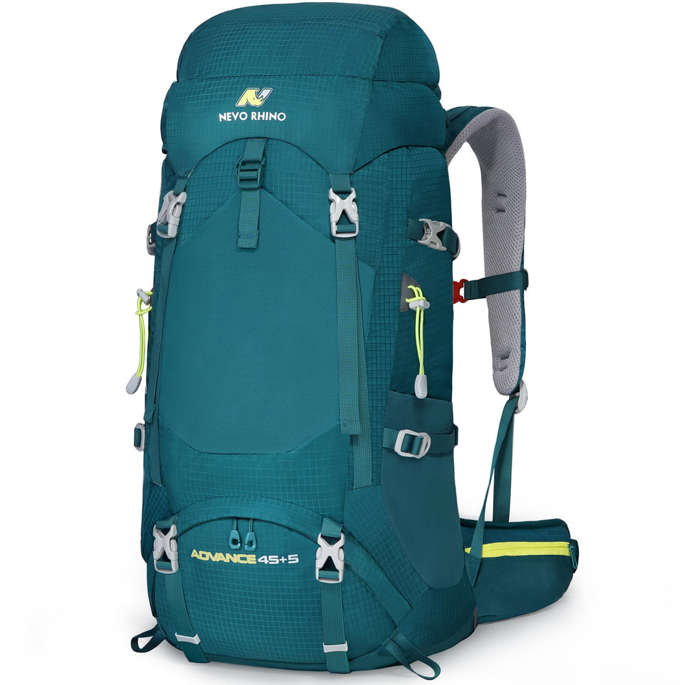 N NEVO RHINO internal frame backpack top pockets for quick-access packing on long hikes.