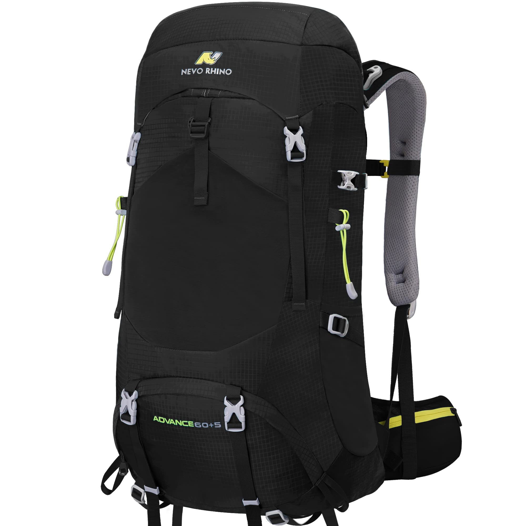 N NEVO RHINO internal-frame backpack top view with rain cover for weather protection.