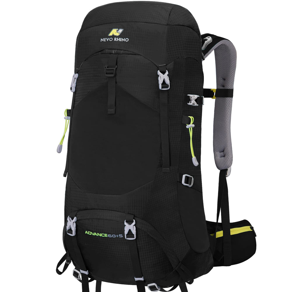 N NEVO RHINO internal-frame backpack top view with rain cover for weather protection.