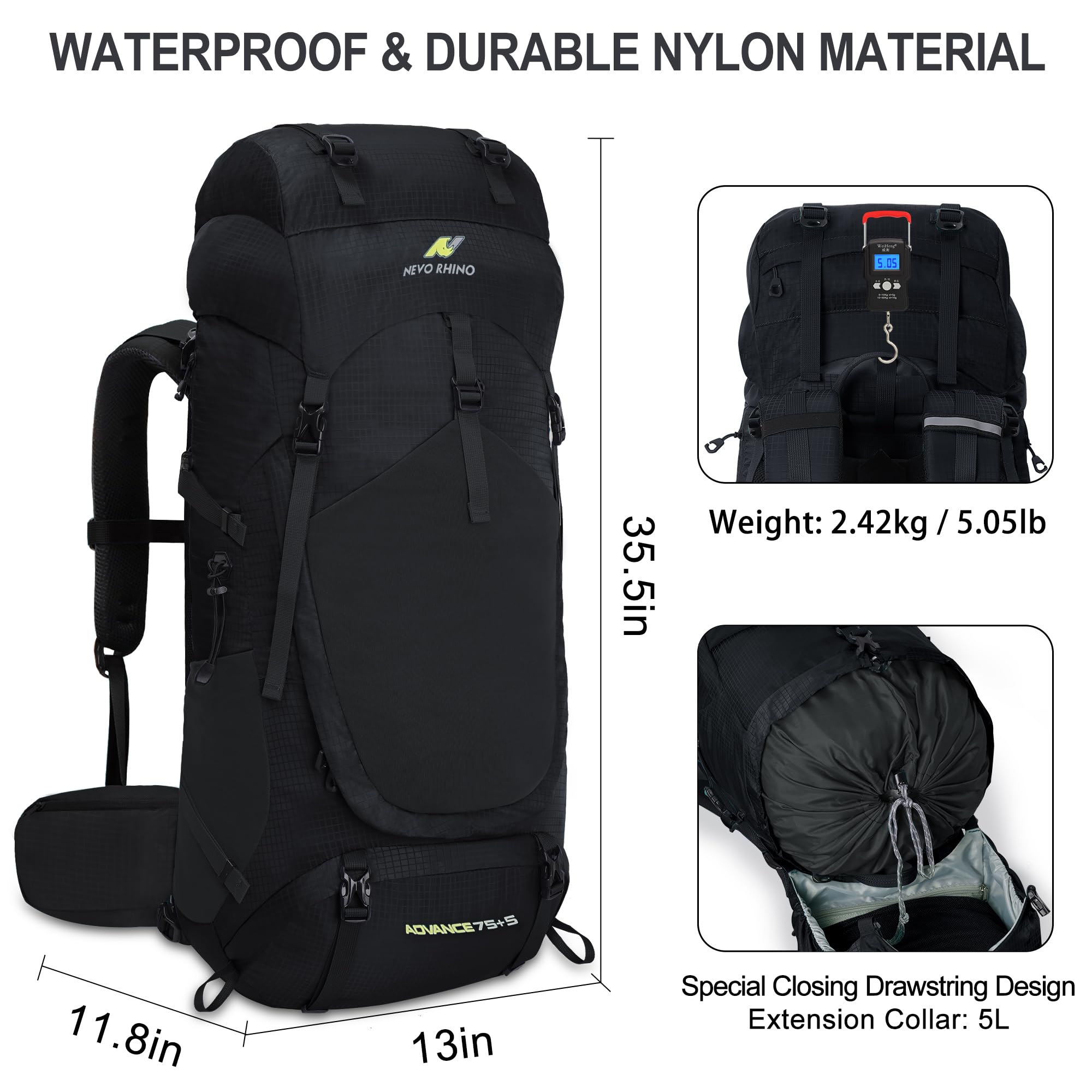 N NEVO RHINO internal-frame backpack shown with varied 60L size for trips