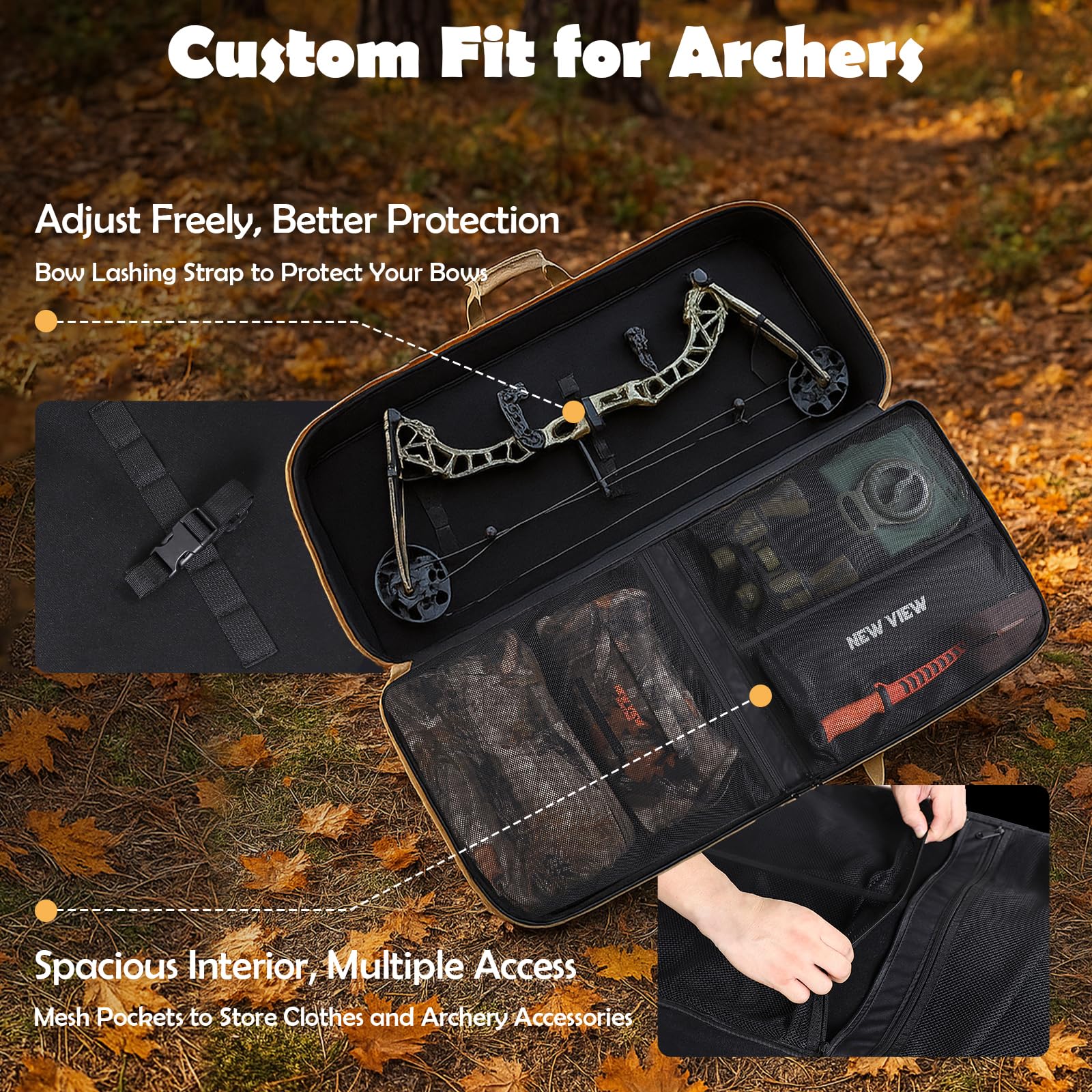 NEW VIEW Bow Case padded compartments cushion bow and accessories during transport.