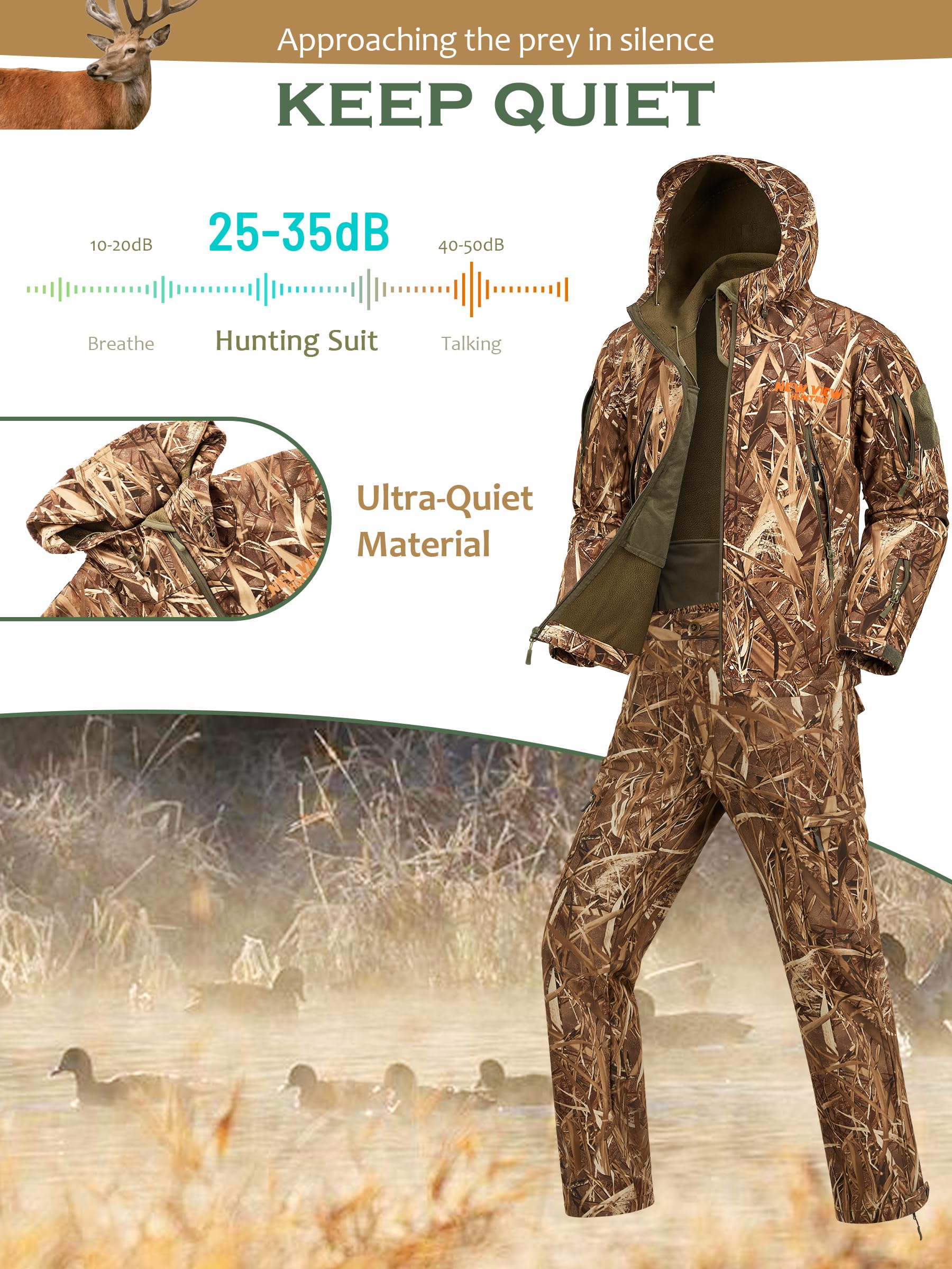 NEW VIEW camo water-resistant softshell fabric protects against wind and light rain