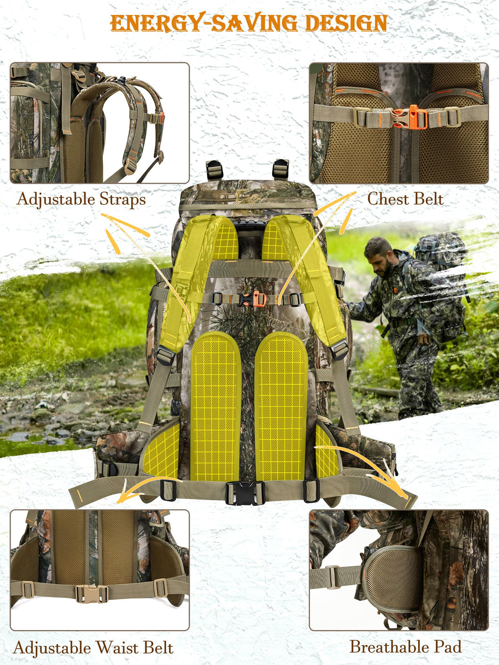 NEW VIEW hunting backpack 60L camouflage back panel focuses on ergonomic support during long treks