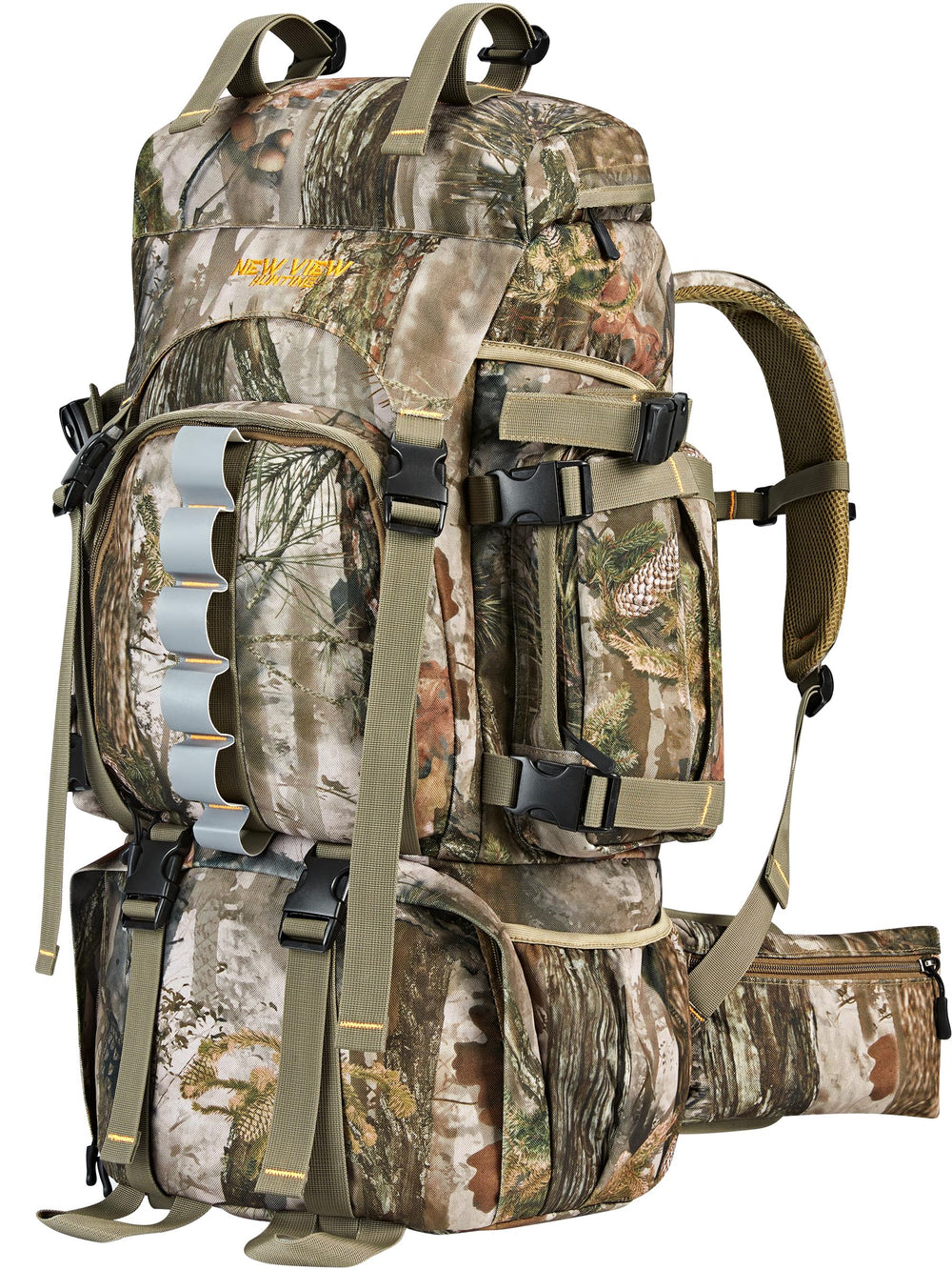 NEW VIEW hunting backpack 60L camouflage front view shows spacious main compartment for gear
