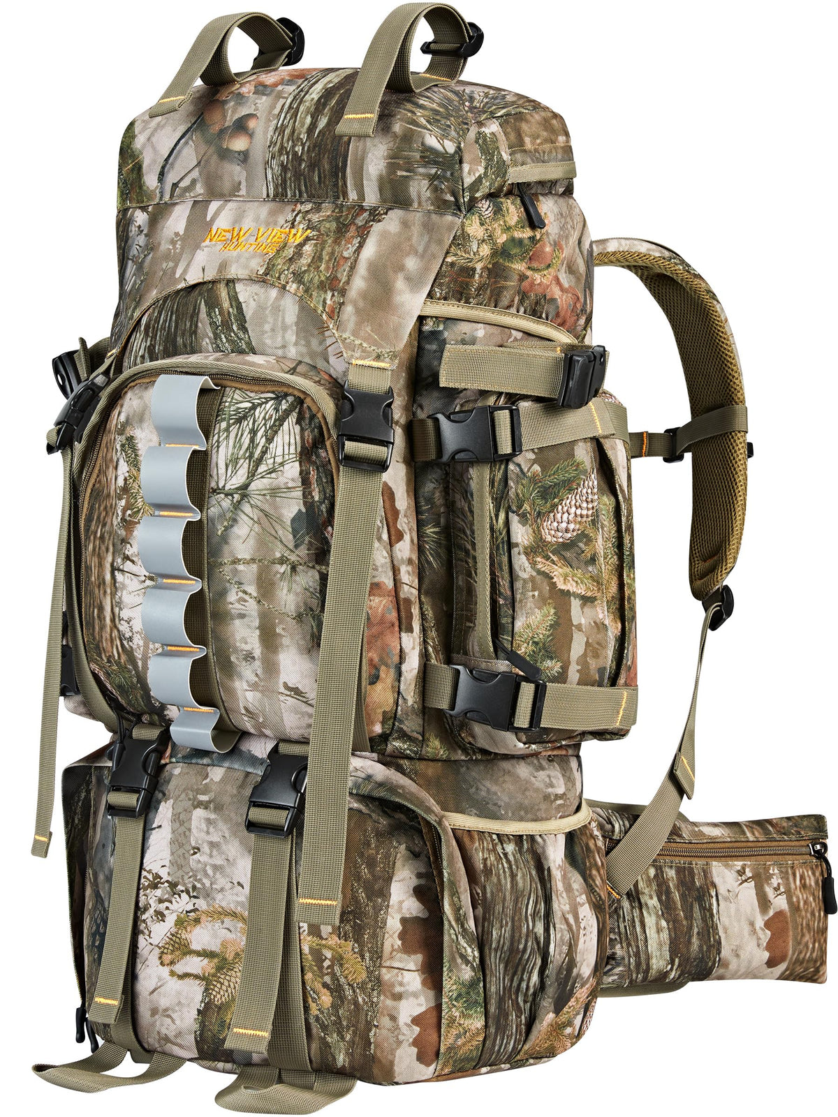 NEW VIEW hunting backpack 60L camouflage front view shows spacious main compartment for gear