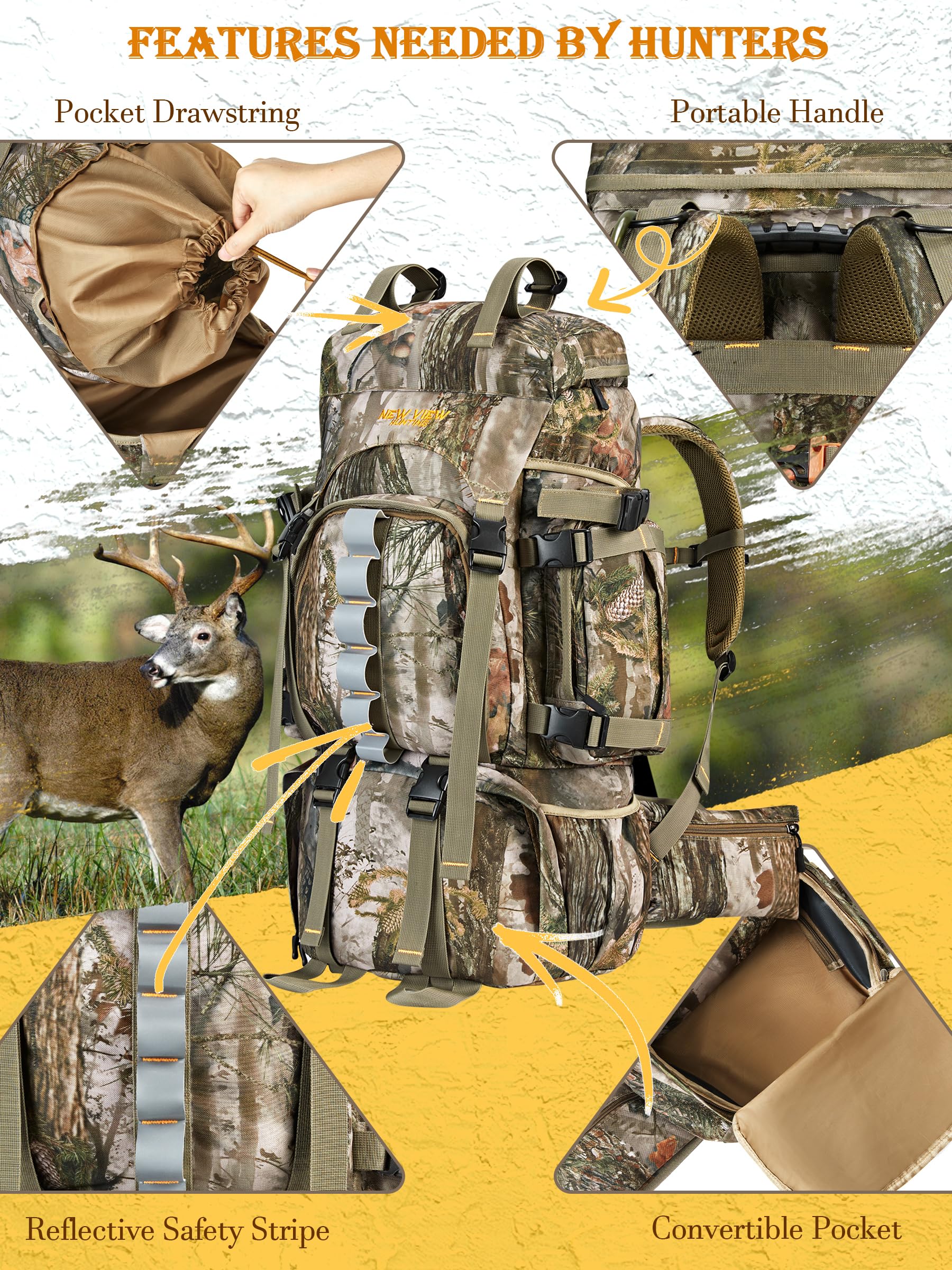 NEW VIEW hunting backpack 60L camouflage side pockets demonstrates organized storage for tools