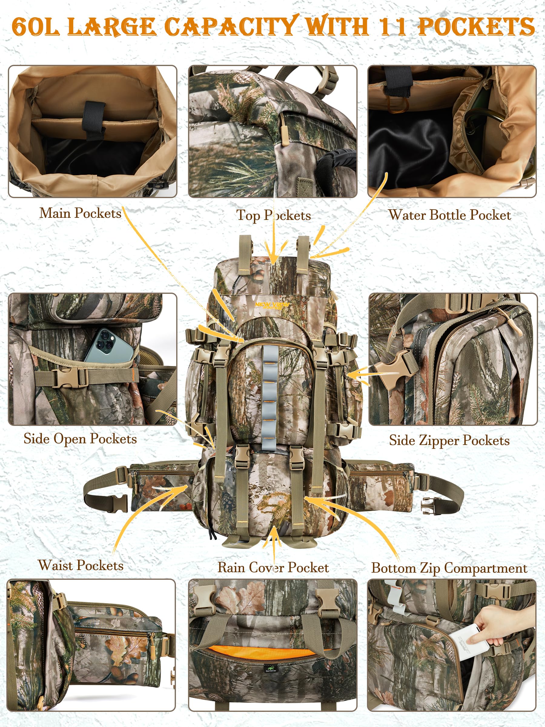 NEW VIEW hunting backpack 60L camouflage hydration system shows water bladder compartment for extended hunts