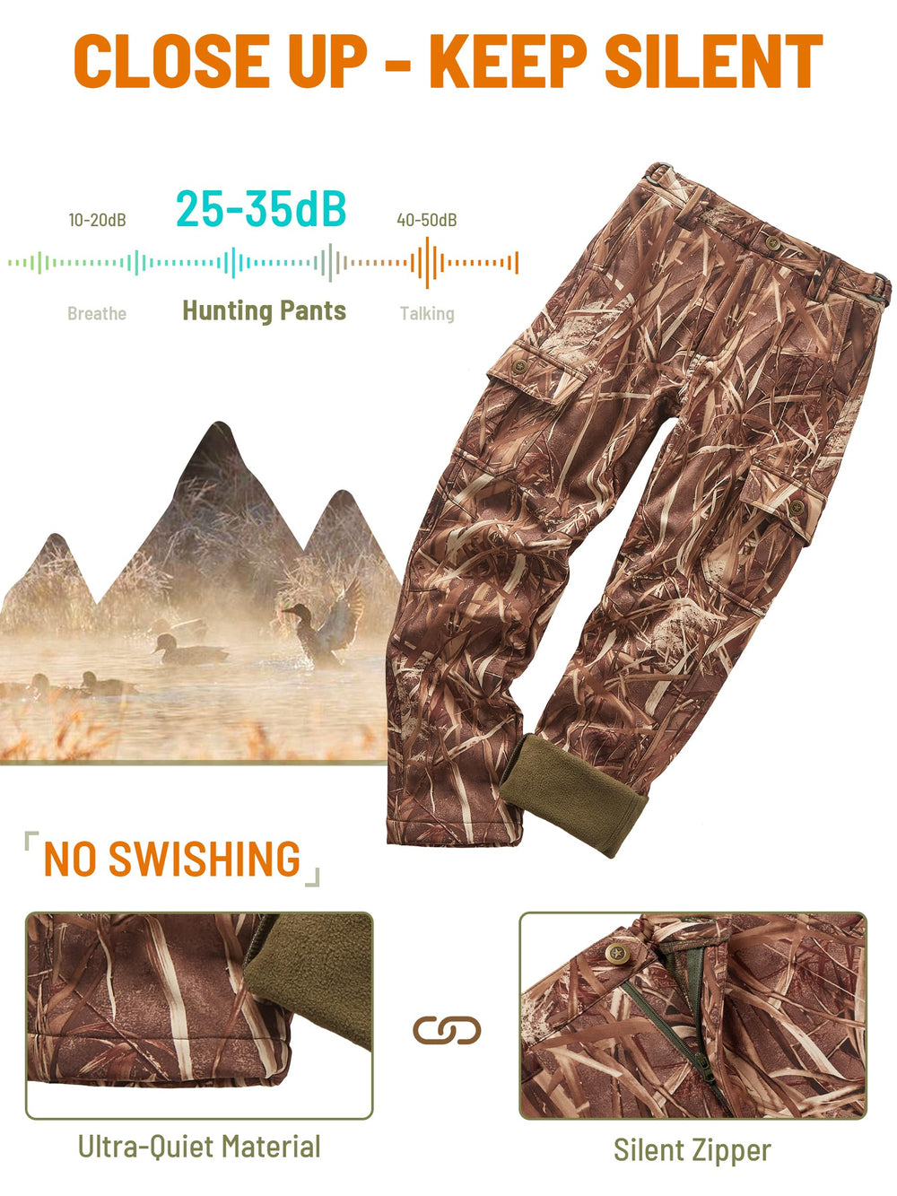 NEW VIEW Camo Pants feature ultra quiet fabric to reduce noise