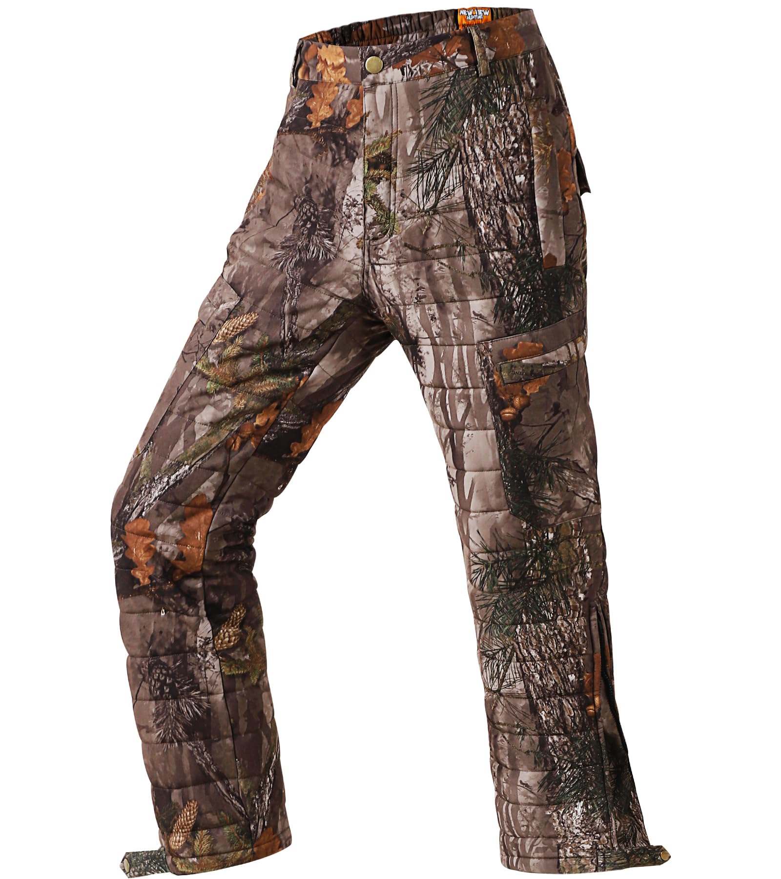 NEW VIEW men's insulated hunting pants leaf camo front view showing quiet warmth