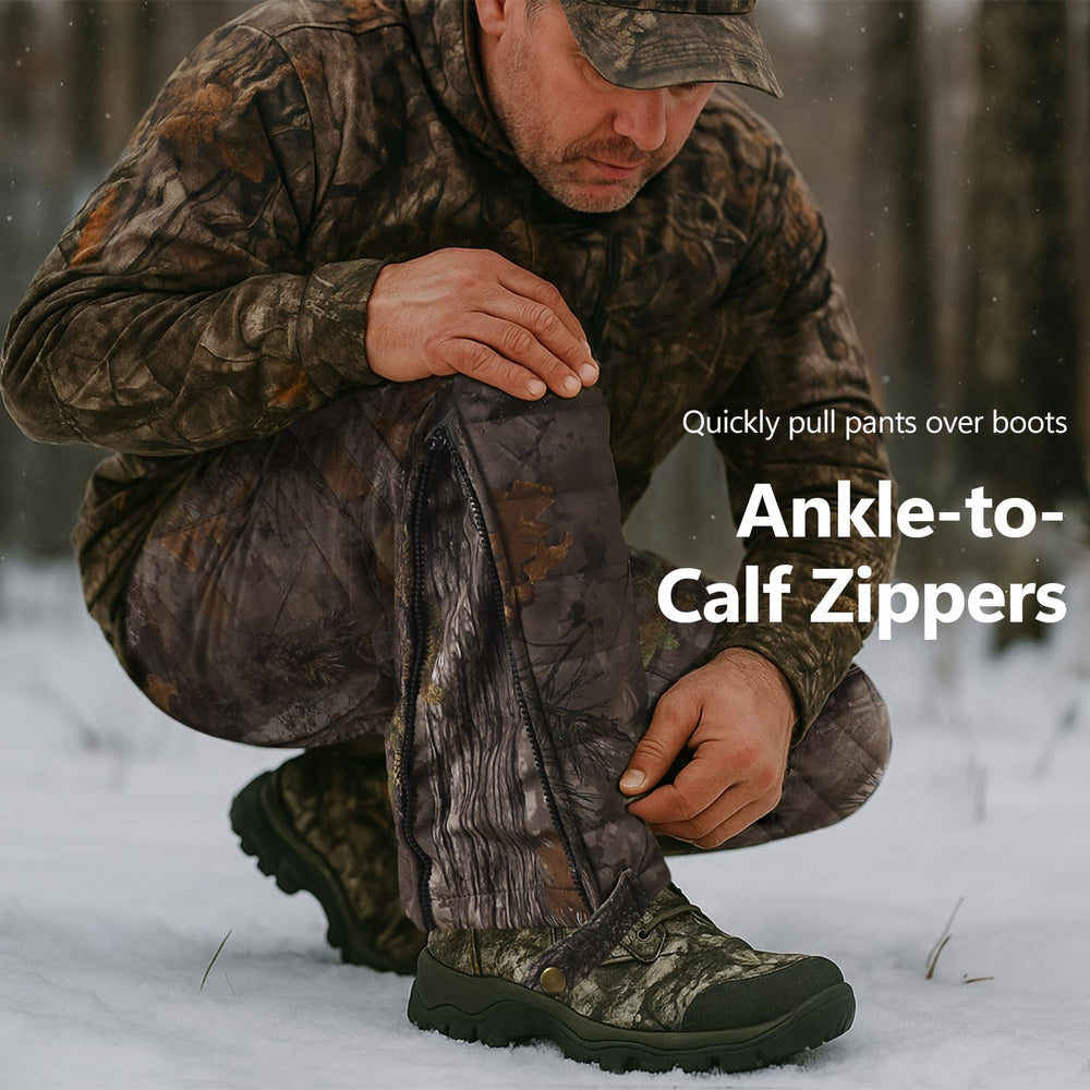 NEW VIEW men's insulated hunting pants leaf camo side view highlighting silent fabric and mobility