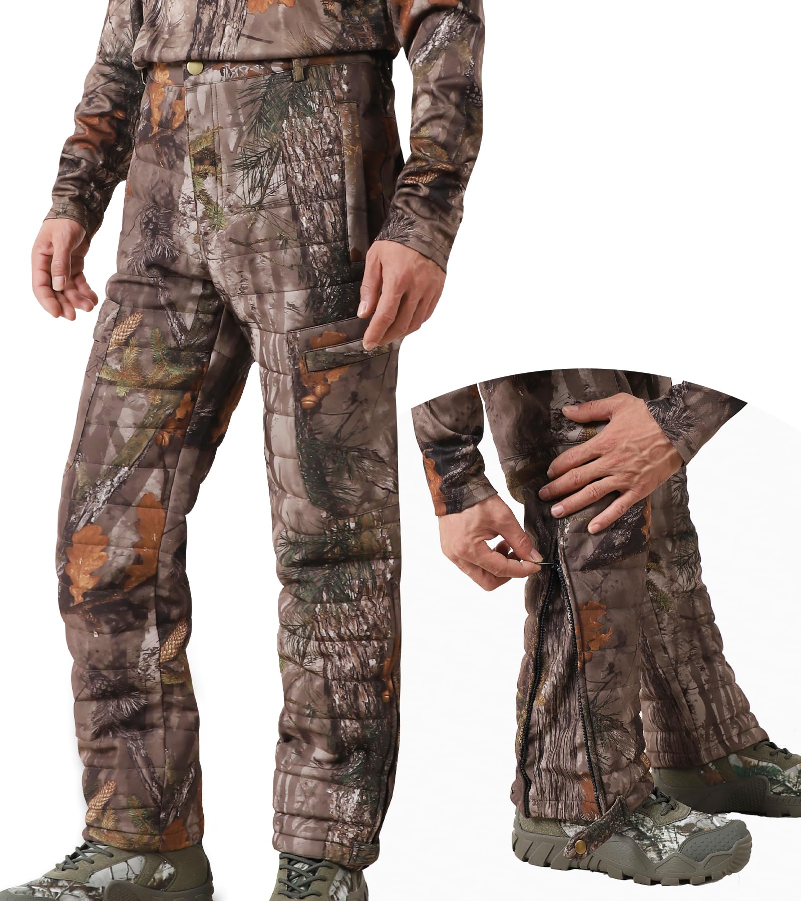 NEW VIEW leaf-camo hunting pants in winter ambush scenario staying dry and focused