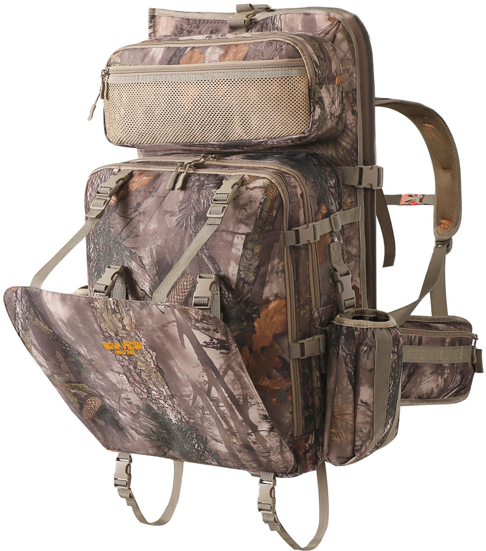 NEW VIEW saddle-hunting-backpack-leaf-camo-closeup illustrates woodland concealment and rugged fabric
