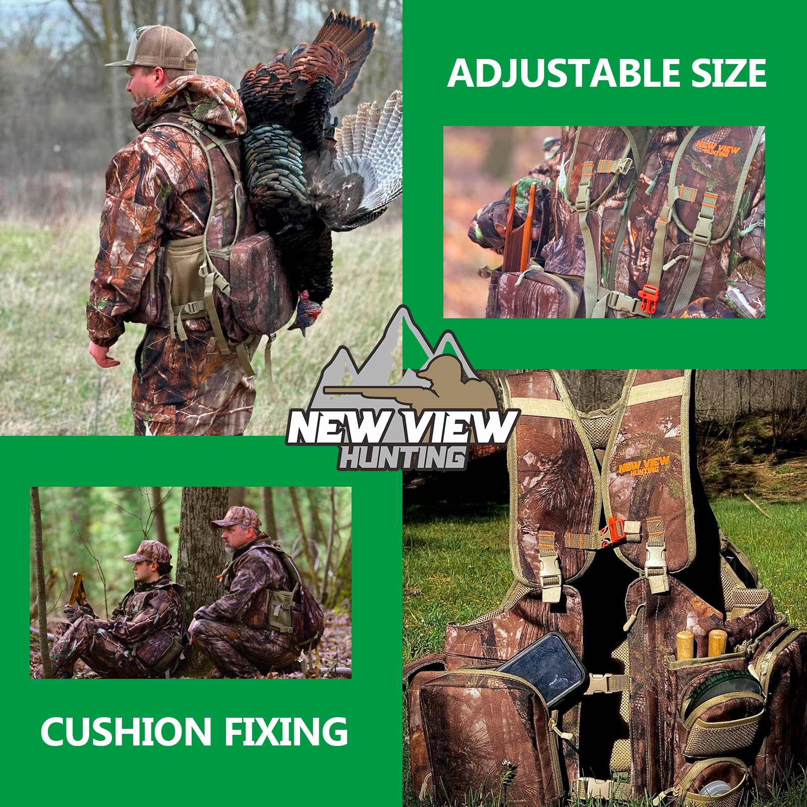NEW VIEW turkey vest adjustable fit ensures a snug, customizable silhouette.