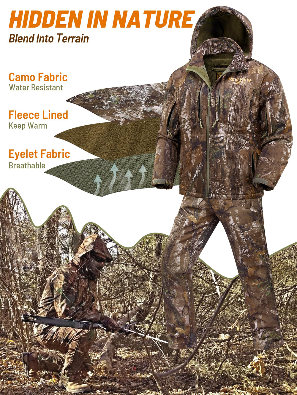 NEW VIEW warm fleece jacket front view shows cozy warmth for cold hunts