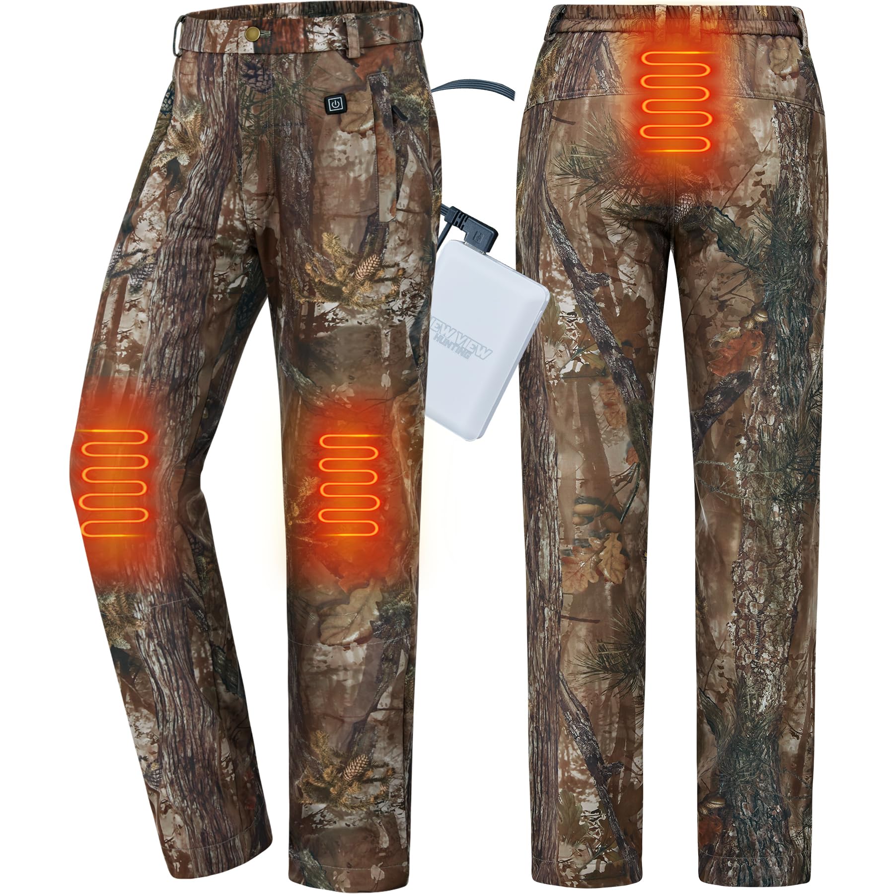 NEW VIEW Women camo heated pants with battery pack provide on-demand warmth for cold hunts.