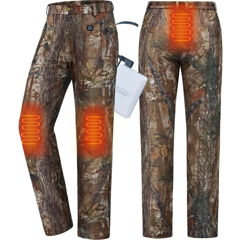 NEW VIEW Women camo heated pants with battery pack provide on-demand warmth for cold hunts.