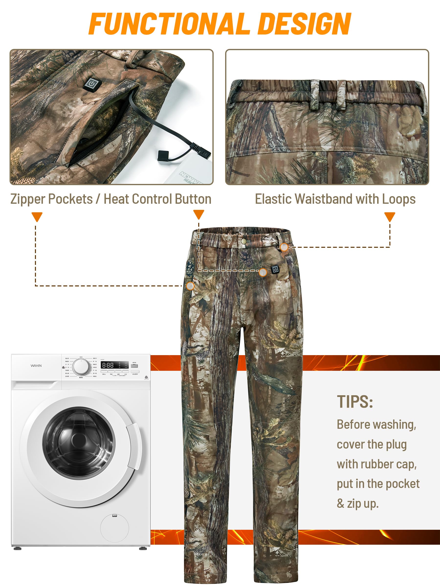 NEW VIEW heated camo pants machine-wash friendly for easy care