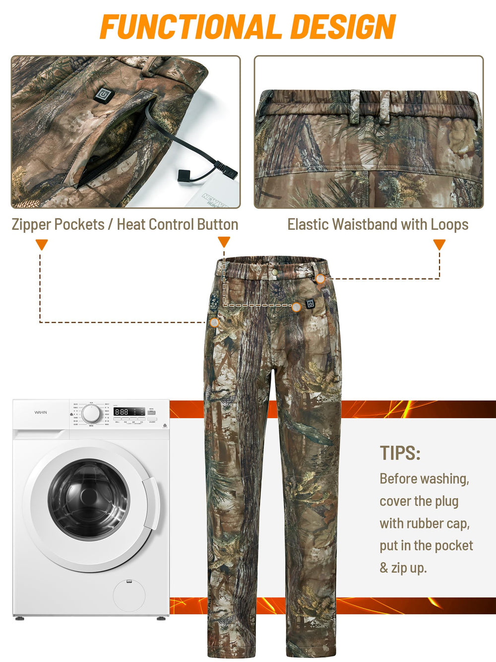 NEW VIEW heated camo pants machine-wash friendly for easy care