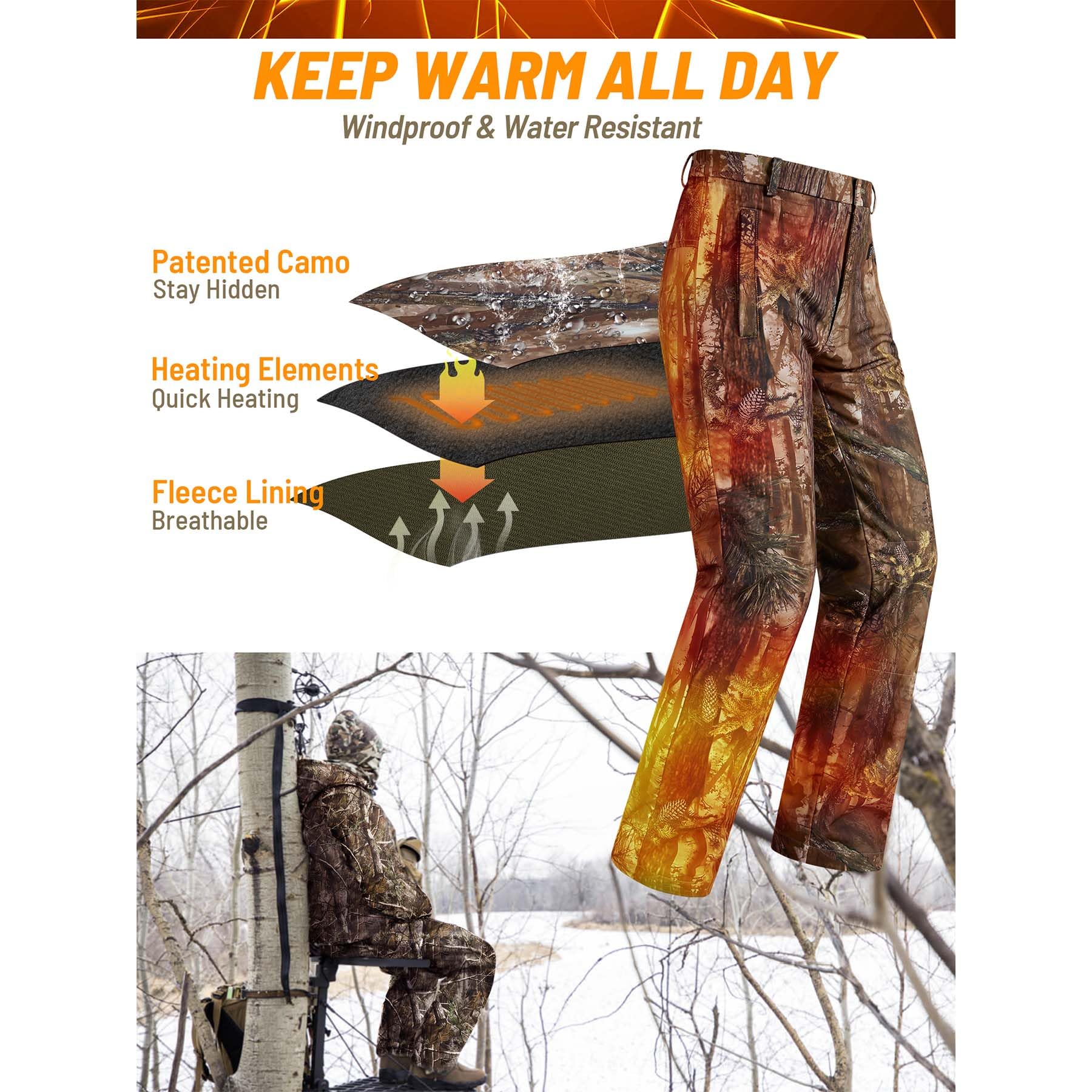 NEW VIEW fleece-lined camo heated pants interior warmth and quiet fabric for stealthy cold hunts