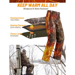 NEW VIEW camo heated pants offer temperature control for customizable warmth outdoors.