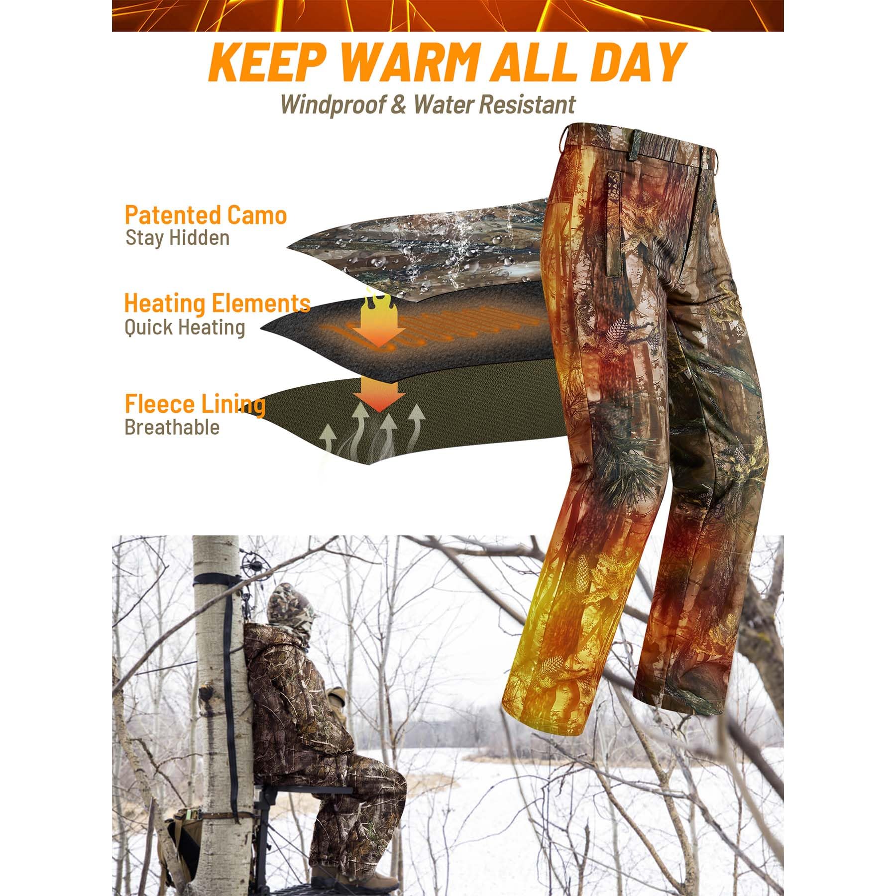 NEW VIEW camo heated pants keep gear secure in zippered pockets