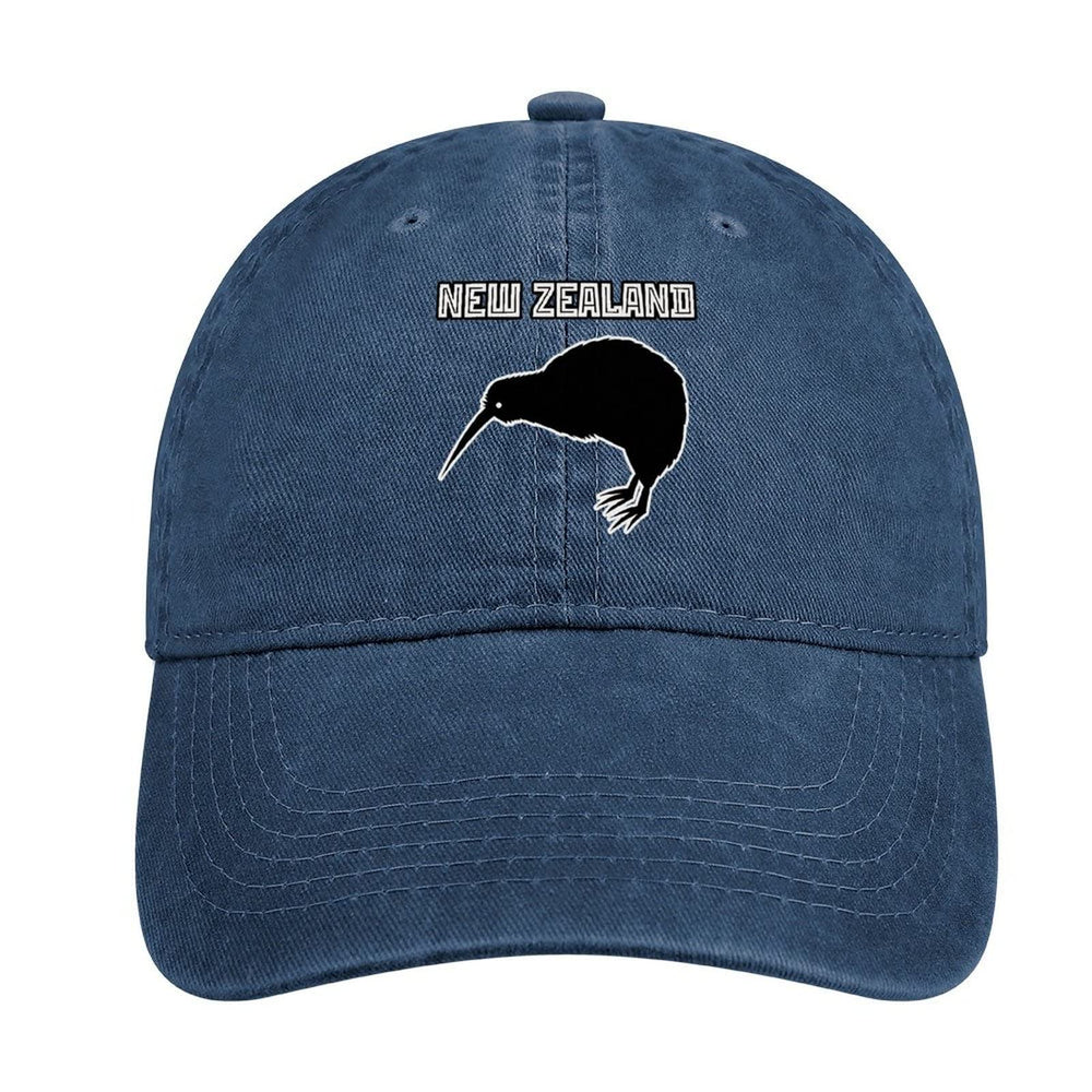 New Zealand Kiwi Bird denim cap, front view, stylish shade with adjustable fit for outdoor wear.