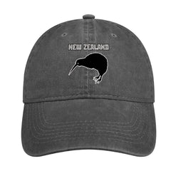 New Zealand Kiwi Bird denim cap, front view, stylish shade for outdoor adventures.