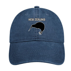 New Zealand Kiwi Bird denim cap, front view, stylish shade with adjustable fit for outdoor wear.