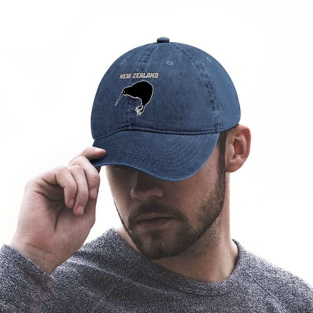 New Zealand Kiwi Bird denim cap, washed texture, vintage vibe for casual outfits.