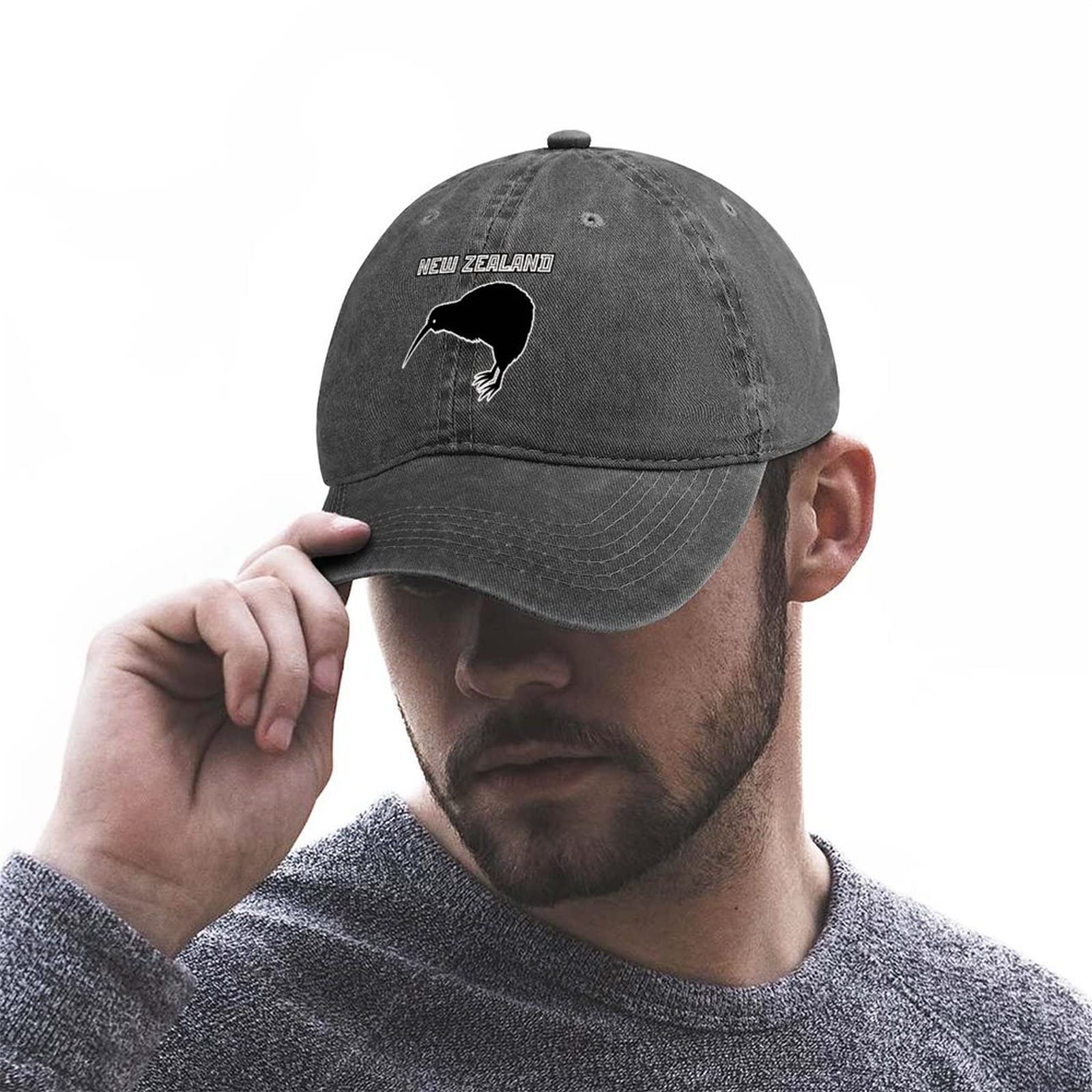 New Zealand Kiwi Bird denim cap, washed texture for vintage style.