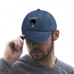 New Zealand Kiwi Bird denim cap, washed texture, vintage vibe for casual outfits.