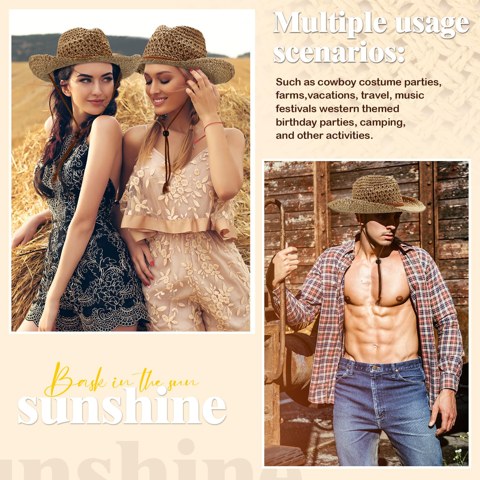 Raffia straw hat with windproof rope detail