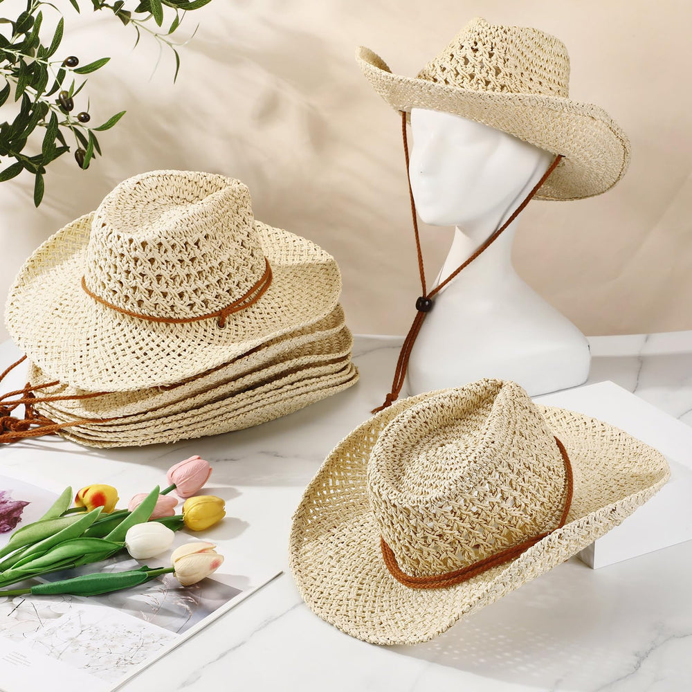 Nine beige straw cowboy hats displayed