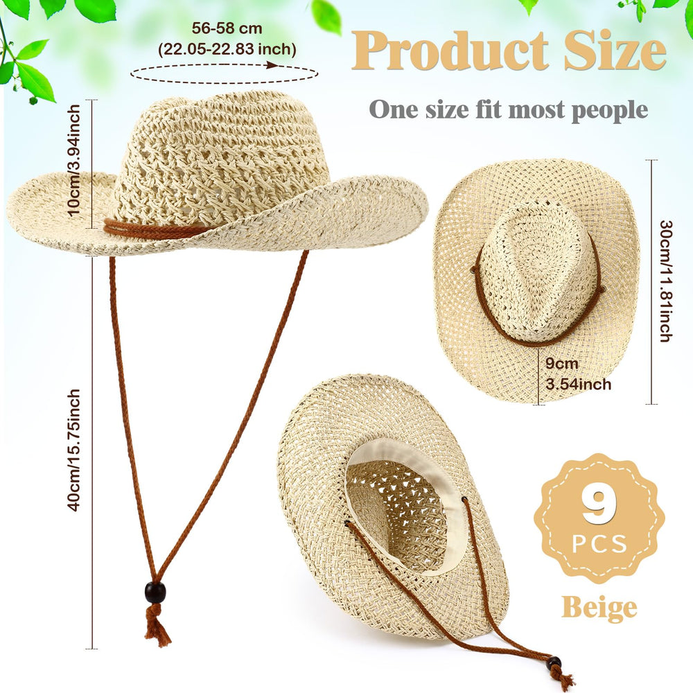 Model wearing beige straw cowboy hat with windproof rope