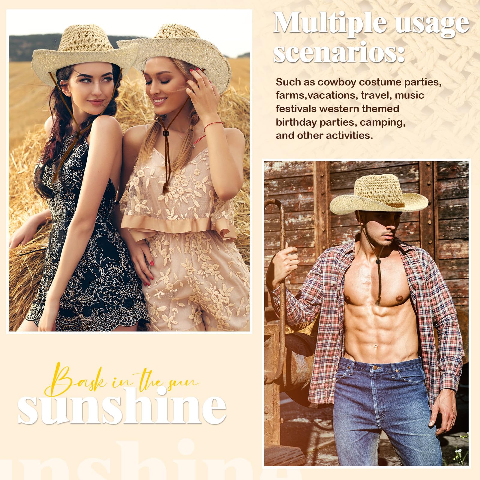 Newcotte nine-pack beige straw hats on beach scene highlighting light weight.