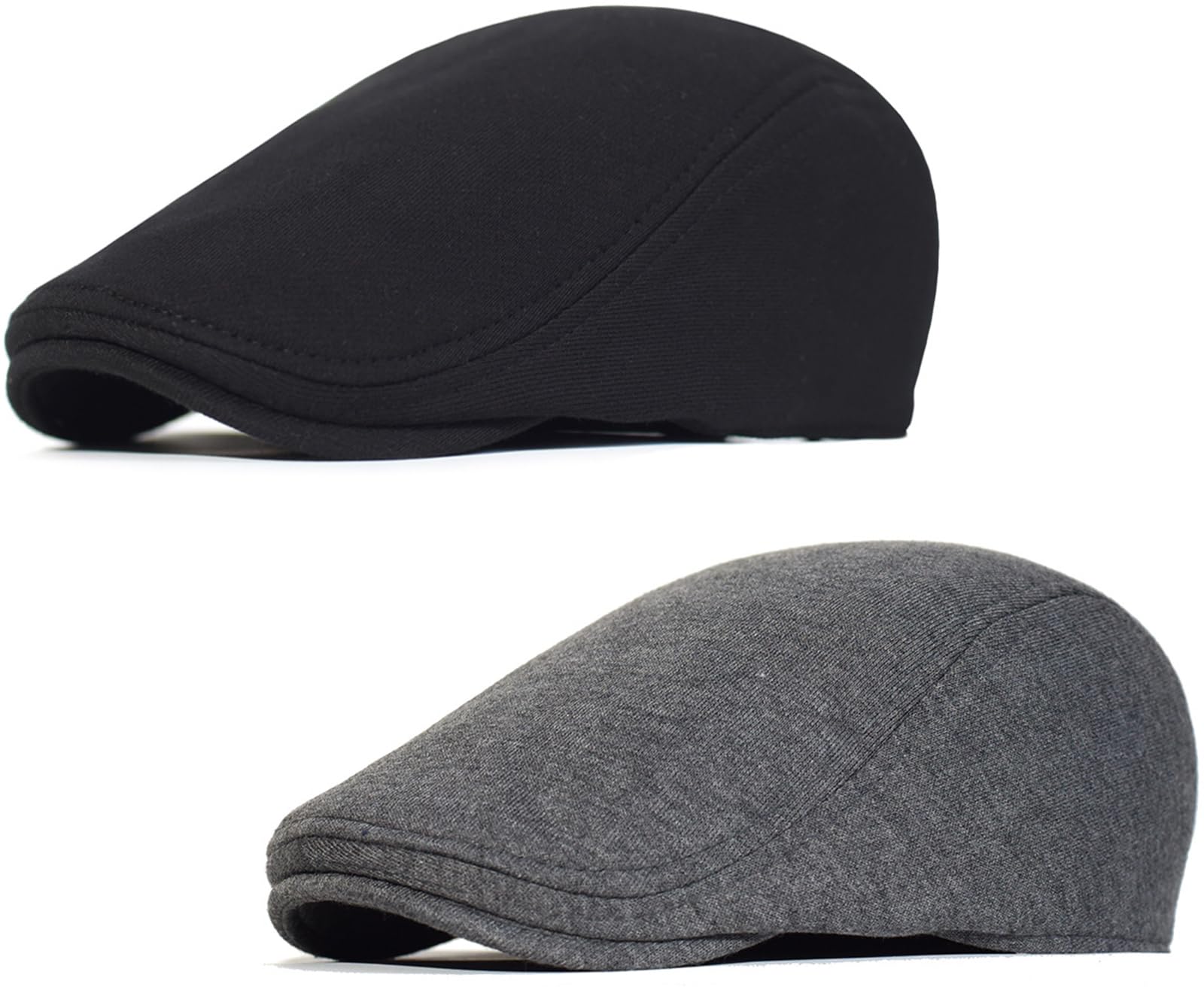 Front view of two Newsboy caps in black and dark gray